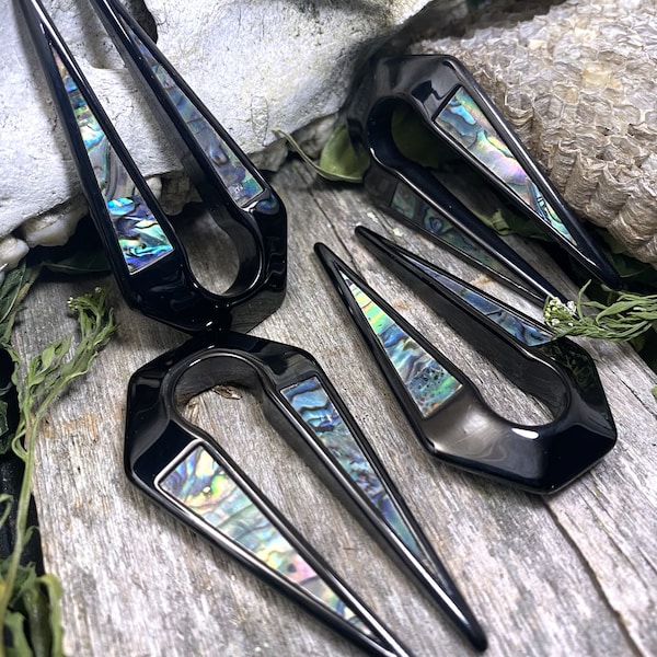 Abalone Shell Inlaid Keyhole Ear Weights - Black 316L Surgical Steel Ear Hangers - Black Stainless Steel Ear Gauges Plugs