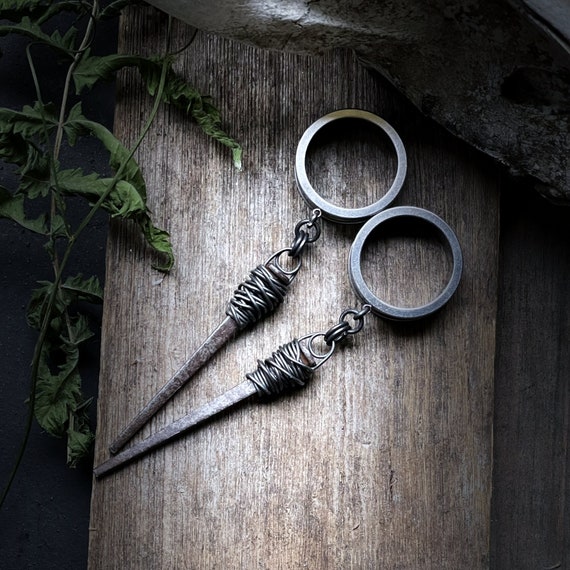 1800's Coffin Nail Ear Hangers - Antique Gothic Dangle Stainless Steel Ear Tunnels - Reclaimed Goth Crust Punk Pagan Occult Amulet Talisman