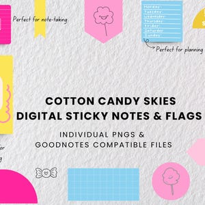 Cotton Candy Skies Digitale Sticky Notizen & Flaggen, süße, weiche pastellfarbene digitale Planer Aufkleber für GoodNotes + PNGs