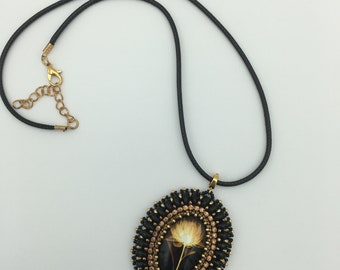 Handmade Beaded Pendant with Glass Cabochon - "Golden Blossom" on Cord