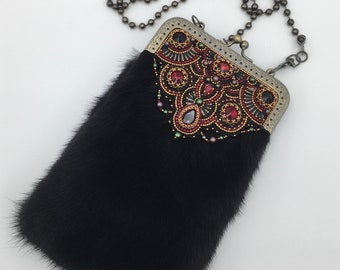 Black Mink Handbag with Crystal Embroidery - Elegance with Every Step