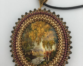 Handcrafted Beaded Pendant and Earrings Set with Mother-of-Pearl Painting and Tiger Eye Cabochons "Golden Autumn"