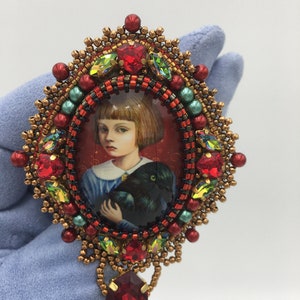 Handcrafted Brooch Girl with Raven Beaded and Glass Cabochon Handwork image 1