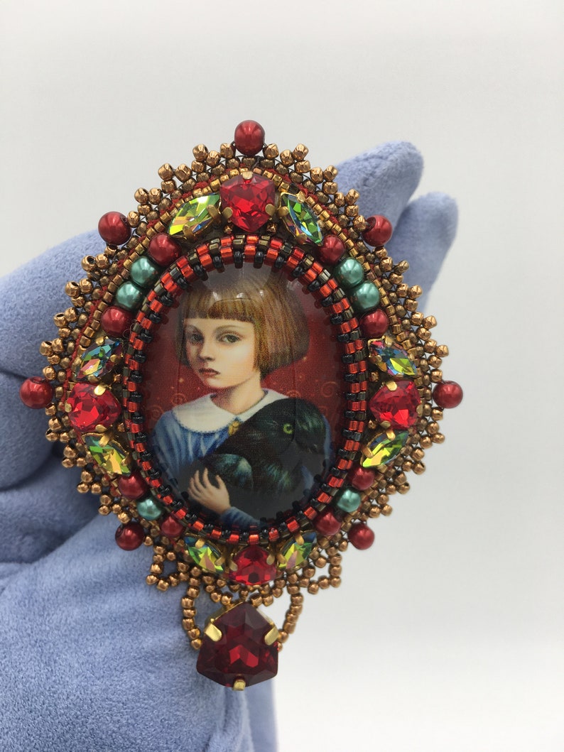 Handcrafted Brooch Girl with Raven Beaded and Glass Cabochon Handwork image 1