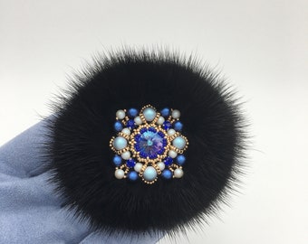 Elegant Black Mink-Fur Hair Tie Adorned with Blue Crystal