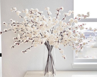 Faux White Silk Cherry Blossom Stem (Pack of 3 Stems), Artificial Cherry Blossom Stem, White Spring Flowers, White Wedding Flower