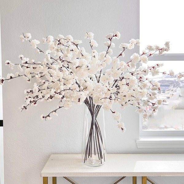 Faux White Silk Cherry Blossom Stem (Pack of 3 Stems), Artificial Cherry Blossom Stem, White Spring Flowers, White Wedding Flower