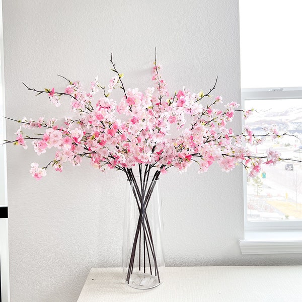 Two Tone Pink Faux Silk Cherry Blossom (Pack of 3 Stems), Artificial Pink Cherry Blossom Stem, Pink Spring Flowers, DIY Floral