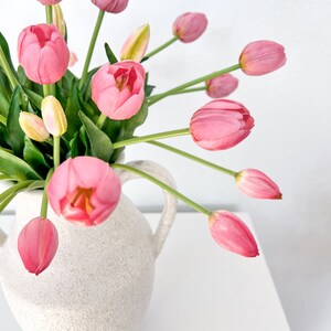 May include: A white ceramic vase with two handles, filled with a bouquet of pink tulips.
