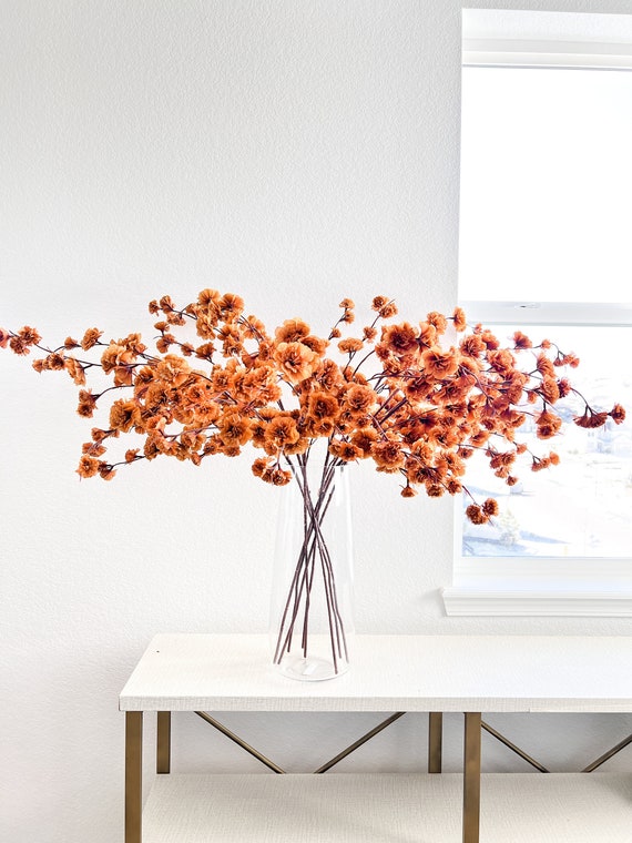 Faux  Fall Orange Silk Cherry Blossom (Pack of 3 Stems), Artificial Cherry Blossom Stem, Fall Flowers, faux flowers