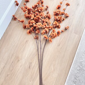 May include: A bunch of artificial brown flower stems with small, delicate blossoms. The stems are arranged in a fan shape on a light brown wood floor.