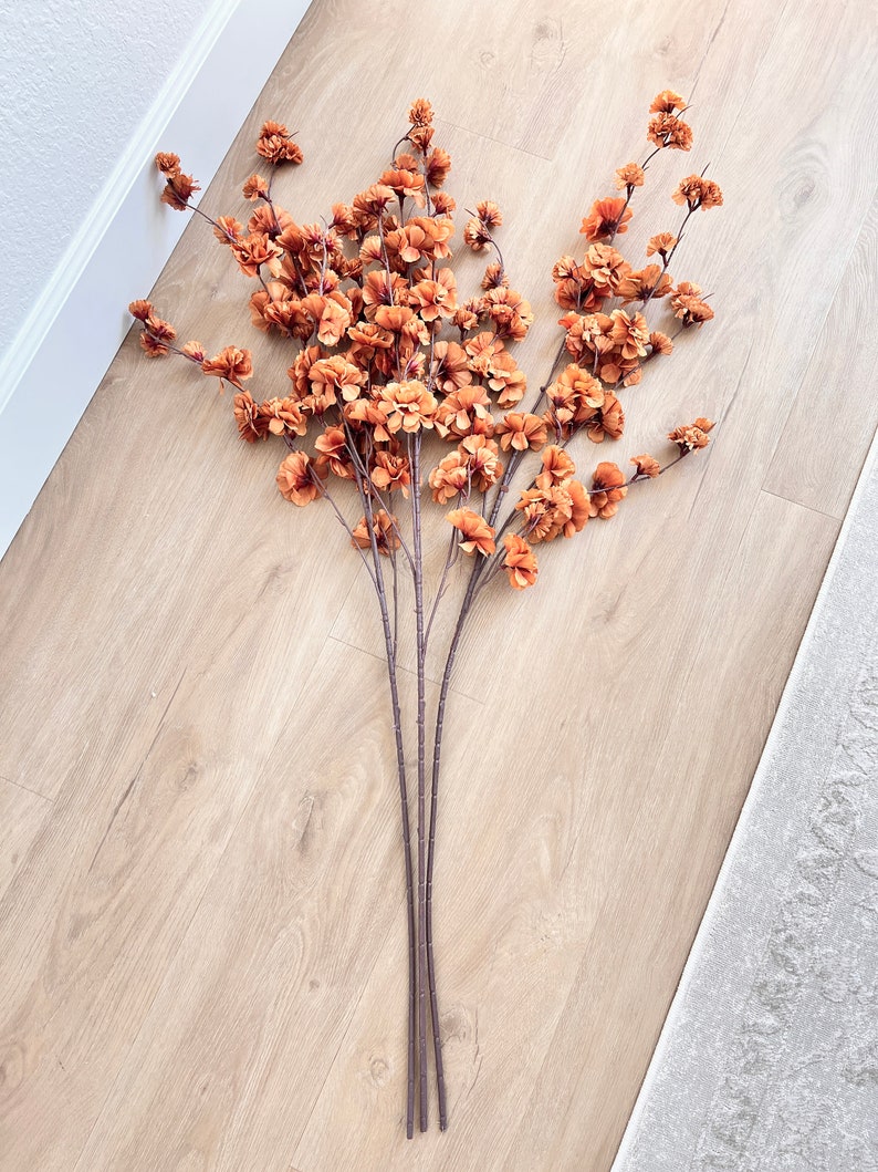 May include: A bunch of artificial brown flower stems with small, delicate blossoms. The stems are arranged in a fan shape on a light brown wood floor.