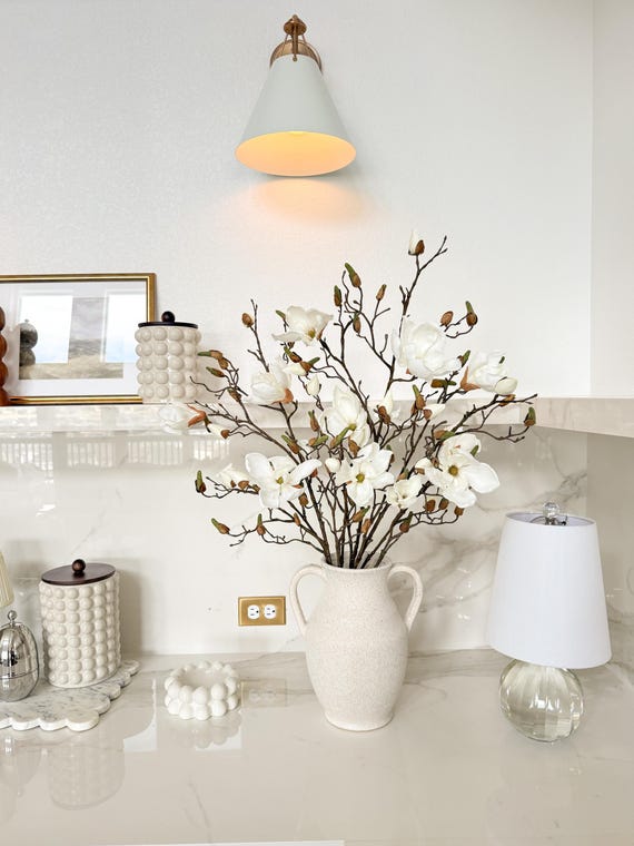 White Faux Magnolia Stem, Artificial White Magnolia Branch, Spring Flowers, DIY Floral
