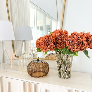 Real Touch Faux Hydrangea Stem, 21&quot; Huge Faux Orange Hydrangea Stem, Brown Hydrangea, Fall Flowers, Hydrangea Centerpiece, Flower DIY
