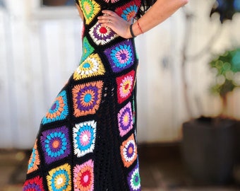 Häkelanleitung für ein quadratisches Granny-Maxikleid – PDF-Download – Mittlerer Schwierigkeitsgrad – XS bis XL – Englisch & Spanisch – Sofort-Download