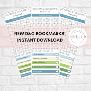 May include: Three printable bookmarks for tracking reading progress in the Doctrine and Covenants. Each bookmark features a pink and white grid with numbers 1-138, and a section for marking off sections read. The bookmarks also include a list of sections to read, including Official Declarations, Restoration Proclamation, Joseph Smith History, The Family Proclamation, and Articles of Faith.