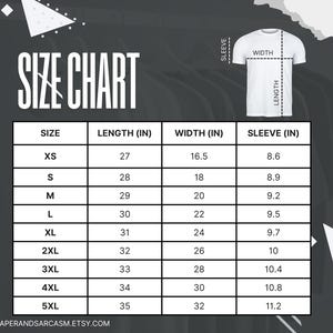 May include: A size chart for t-shirts, with measurements in inches. The chart includes sizes XS to 5XL, detailing length, width, and sleeve measurements. A diagram illustrates where the measurements are taken on a t-shirt. The Etsy shop name is visible.