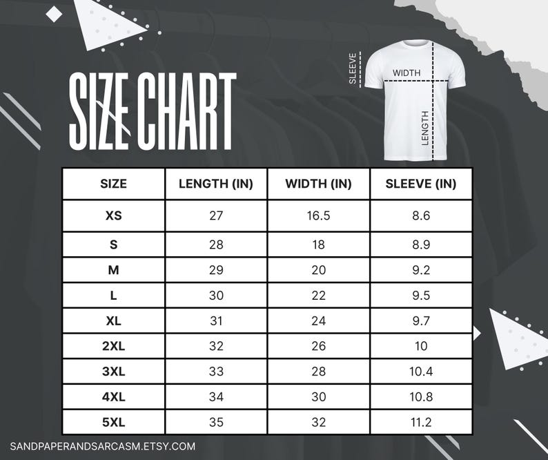 May include: A size chart for t-shirts, with measurements in inches. The chart includes sizes XS to 5XL, detailing length, width, and sleeve measurements. A diagram illustrates where the measurements are taken on a t-shirt. The Etsy shop name is visible.