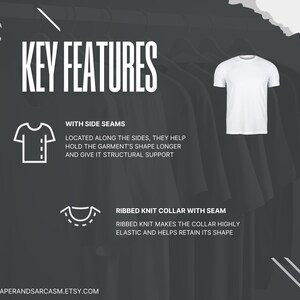 May include: A white crew neck t-shirt is displayed on a hanger against a dark background. The image highlights key features, including side seams for shape retention and a ribbed knit collar. Text on the image reads "KEY FEATURES".