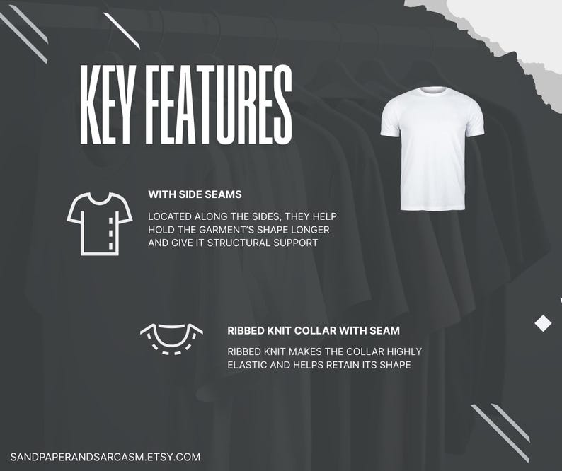 May include: A white crew neck t-shirt is displayed on a hanger against a dark background. The image highlights key features, including side seams for shape retention and a ribbed knit collar. Text on the image reads "KEY FEATURES".