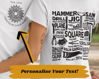 Custom Woodworker T-Shirt - Personalized Tool Word Cloud and Saw Blade T-Shirt, Double Sided, Carpenter DIY Maker Apparel