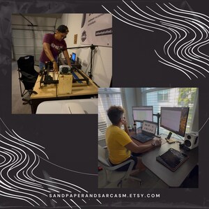 May include: Two images showing a person working on a laser engraving machine and another person working on a computer with multiple monitors. The Etsy shop name, SANDPAPERANDSARCSM.ETSY.COM, is at the bottom.