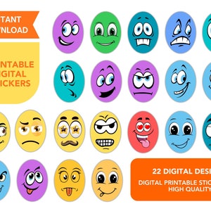 Paquete de pegatinas PNG de emojis, paquete de pegatinas PNG de impresión digital, 22 pegatinas de diseño DIGITAL, arte de pared con emojis, decoración divertida, impresiones digitales divertidas