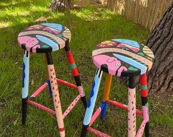 Colorful Wooden Bar Stool, Colorful Kitchen Chair, Decorative Bar Stool, Artistic Decor