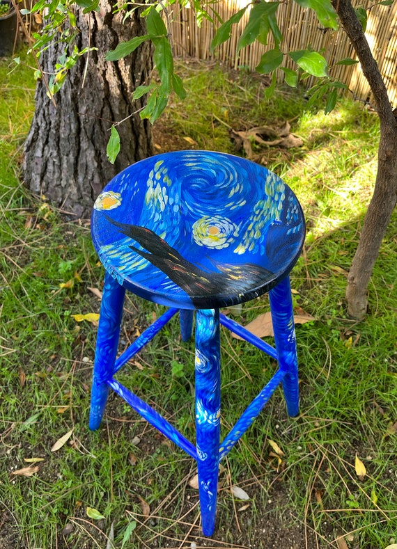 Van Gogh Starry Night Wooden Art Bar Stool Handmade Decor Wooden Bar Stool Kitchen Chair Decorative Stool Etsy