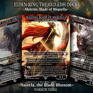 Pode incluir: Três cartas de baralho EDH com tema Elden Ring. As cartas apresentam ilustrações de Godfrey, Malenia e Maliketh. O texto nas cartas inclui os nomes dos personagens e a mecânica do jogo. O fundo é azul escuro com um efeito desfocado.