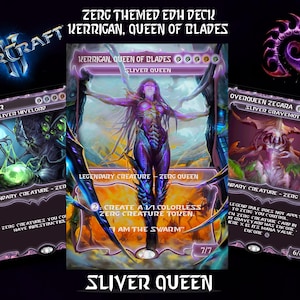 Puede incluir: Un mazo EDH temático de Zerg con personajes de StarCraft II. La imagen muestra tres cartas: Adathur, Kerrigan Queen of Blades y Overqueen Zegara. Las cartas tienen una combinación de colores púrpura y negro con ilustraciones y texto detallados.