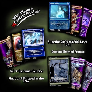 May include: A collection of custom-themed proxy cards, featuring various designs and artwork. The cards showcase vibrant colors and detailed illustrations, with text that reads "Why Choose Crimson Proxies?" and "Superior 2400 x 4800 Laser DPI."