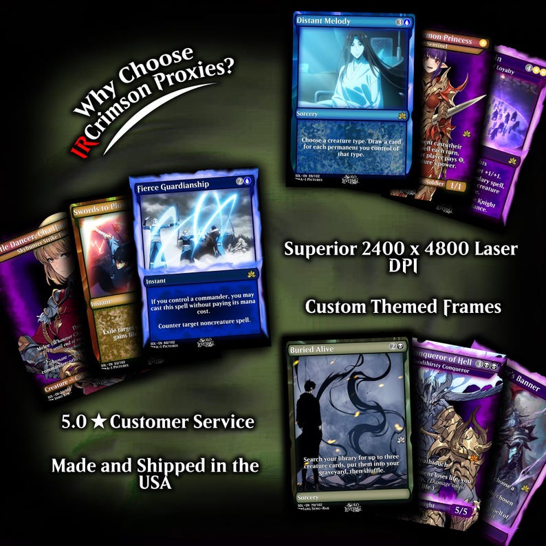 May include: A collection of custom-themed proxy cards, featuring various designs and artwork. The cards showcase vibrant colors and detailed illustrations, with text that reads "Why Choose Crimson Proxies?" and "Superior 2400 x 4800 Laser DPI."