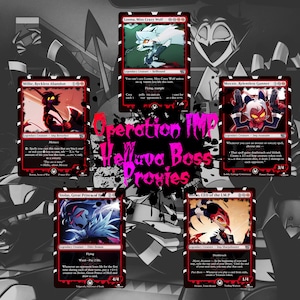 May include: Five trading cards featuring characters from the animated series "Helluva Boss". The cards are designed to look like Magic: The Gathering cards. The characters featured are Millie, Loona, Moxxie, Stolas, and Blitzo. The cards have red and black borders with white text. The background of the image is a black and white splatter pattern.