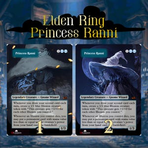 Op de afbeelding: Twee Elden Ring Princess Ranni ruilkaarten. De kaarten bevatten illustraties van een personage met een grote hoed en blauwe accenten. De tekst beschrijft de vaardigheden en statistieken van het wezen. De kaarten zijn gelabeld "Legendary Creature - Gnome Wizard".