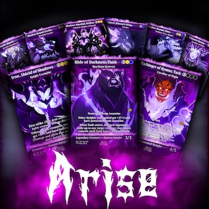 May include: A collection of fantasy trading cards with a purple and black color scheme. The cards feature various illustrations of creatures and characters, with text descriptions. The word "Arise" is displayed in a stylized font at the bottom.