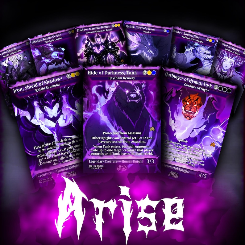 May include: A collection of fantasy trading cards with a purple and black color scheme. The cards feature various illustrations of creatures and characters, with text descriptions. The word "Arise" is displayed in a stylized font at the bottom.