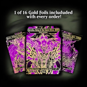 May include: Three collectible trading cards with gold foil accents. The cards feature illustrations of fantasy characters in shades of purple and gold. Text on the cards includes character names and descriptions. The top of the image reads "1 of 16 Gold Foils included with every order!"