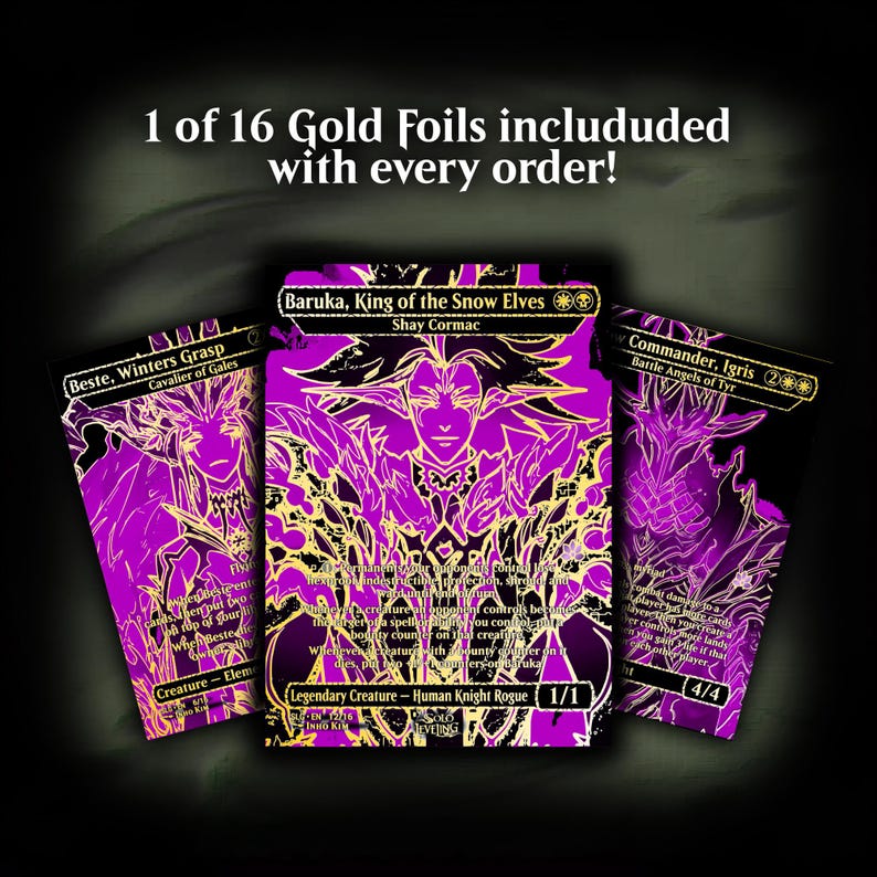 May include: Three collectible trading cards with gold foil accents. The cards feature illustrations of fantasy characters in shades of purple and gold. Text on the cards includes character names and descriptions. The top of the image reads "1 of 16 Gold Foils included with every order!"
