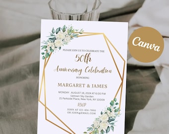 50th Anniversary Invitation: Editable Greenery & Gold Template (Digital Download)