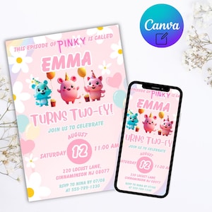 Blue Pink Dog 2nd Birthday Invitation Girl | Editable Pink & Blue Puppy Party Invite | Rainbow Daisy Theme | TWO-EY Canva Template, Digital
