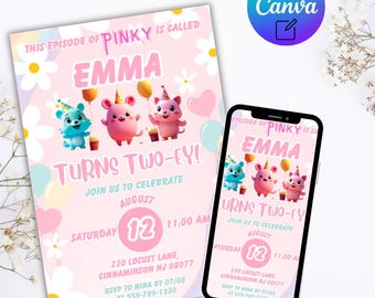 Blue & Pink Puppy 2nd Birthday Invitation: Rainbow Daisy Theme (Digital Download)