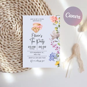 Modèle d&#39;invitation florale pour un thé : anniversaire, baby shower modifiable (téléchargement PDF)