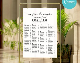 Minimalist Wedding Seating Chart Template: Alphabetical Order (PDF Download A4 Size Canva Editable)