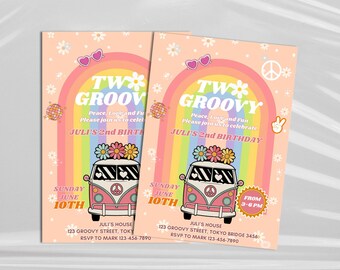 Editable Two Groovy Birthday Invitation – 2nd Birthday – Retro Daisy Rainbow Hippie Party Template