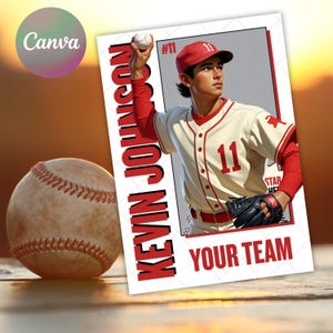 May include: A baseball card with a player in a cream uniform with red details, holding a baseball. The card reads "KEVIN JOHNSON" and "YOUR TEAM". A baseball is in the foreground. The image has a warm, sunset-like background.