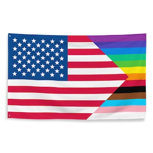 以下が含まれることがあります： 左側にアメリカ国旗、右側にプログレッシブプライドフラッグが描かれた旗。プログレッシブプライドフラッグは、紫、青、ターコイズ、緑、黄、オレンジ、黒、茶色、ピンク、水色です。