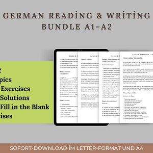 Könnte beinhalten: Ein Tablet mit Deutsch-Lernmaterialien der Niveaustufe A1-A2. Das Bild zeigt eine grüne Seitenleiste mit 10 Themen, über 370 Übungen, Lösungen und Lückentextübungen. Der Text oben lautet "GERMAN READING & WRITING BUNDLE A1-A2".