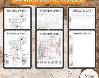 100 Most Common German Verbs - Word Search, Scramble - Puzzle Worksheets | German PDF Printable for Learners & Teachers