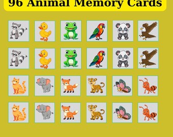 96 Animal Memory Cards – Montessori Printable Game – Matching Game for Kids – Educational Flashcards – Preschool Activity